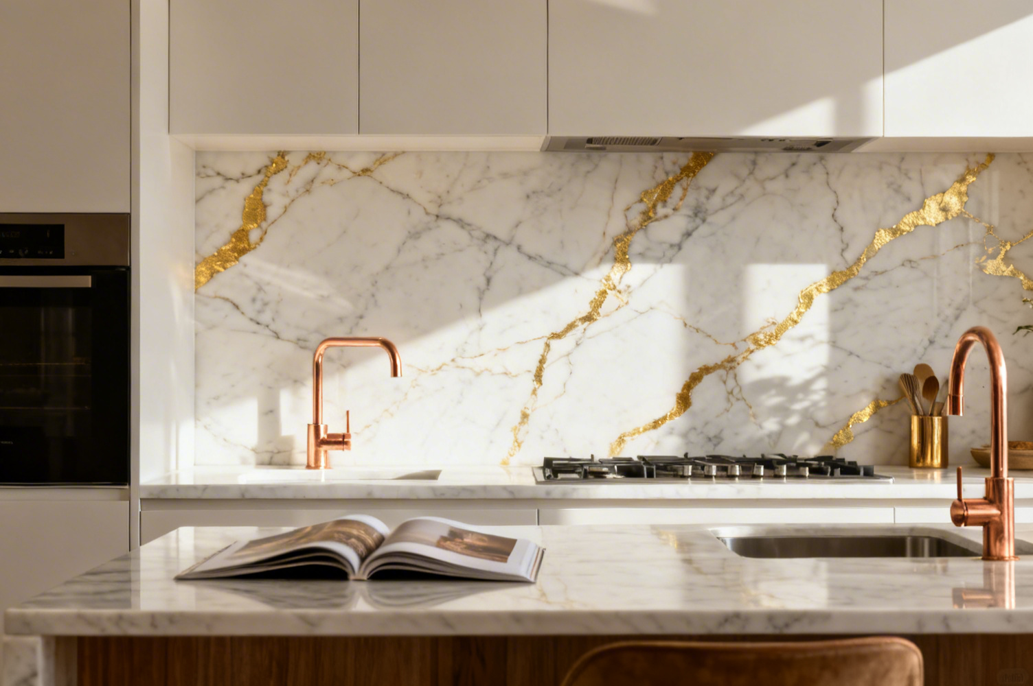 Cuisine avec plan de travail en marbre blanc