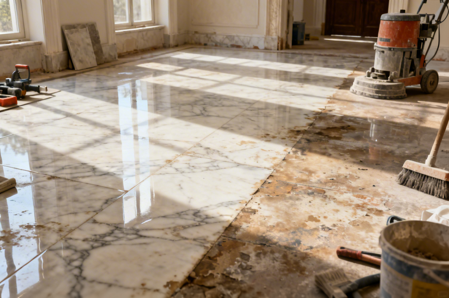 Rénovation d'un sol en marbre, ponçage professionnel